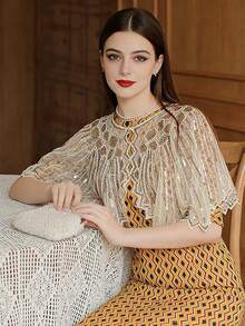 1 pezzo Elegante scialle vintage anni '20 con paillettes, mantella con bordo in pizzo ricamato, giacca corta formale con paillettes e perline, gilet stile casual, mantella luccicante da discoteca, accessorio da donna traspirante per feste e occasioni formali con apertura frontale - Multicolore - Visualizzare 3
