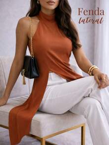 Women's Longline Blouse With Asymmetrical Side Cutout, High Neck, Elegant, Flowy, Modern - 紅陶 - 查看 5