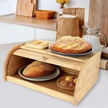 Wooden Bamboo Roll-Top Bread Bin Loaf Box Large Capacity Bread Storage For Kitchen 40*27*16.5cm - View 6