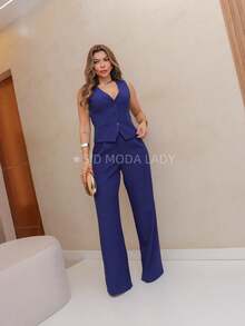 SAKURA LADY FASHION [G1-44][G2-46][G3-48] Women's Set, 2 Pieces, Vest With Buttons And Faux Pocket, Louis Twill Fabric, Luxury Set Vest And Wide-Leg Pants, Chic Striped Set, Casual Suit, Elegant Look, Formal Wear, Set For Events, Refined Look, Modern Suit, Stylish Suit, Sophisticated Women's Clothing, Lightweight Tailoring, Comfort And Elegance, Party Set, Women's Vest, Comfortable Pants, Urban Women's Look, Ideal For Work, Perfectly Fitting Clothing, Versatile Set, Suit With Personality, Casual Women's Fashion, Practical And Elegant Style, Summer Look, Sweet, Cute, Best Quality, Christmas Women's Clothing - 藏蓝色 - 查看 2