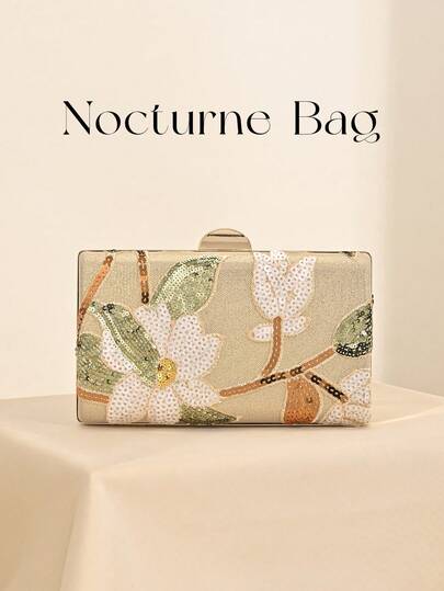 1pc Elegant Sequin Embroidered Gold Clutch Bag, Evening Handbag For Cheongsam Dress, Formal Party, Wedding, Prom, Gala Dinner, Featuring Metallic Chain, Floral Pattern (Random Design)