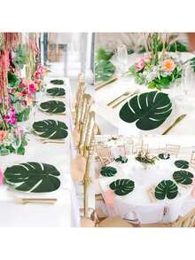 50pcs Large Artificial Palm Leaves, Green Palm Leaf Party Decorations, Tropical Theme Tabletop Decor, Hawaiian Style Leaf Decor, Safari Style Leaf Decor - Green - View 4
