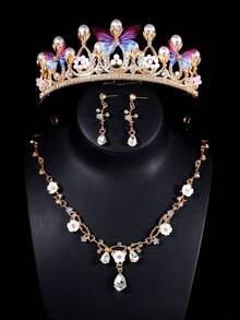 4pcs Kids Jewelry Set, Exquisite Rhinestone Crown Necklace & Earrings, Children's Dress-Up Performance Accessories, Baby Birthday Gift - Gold - View 6