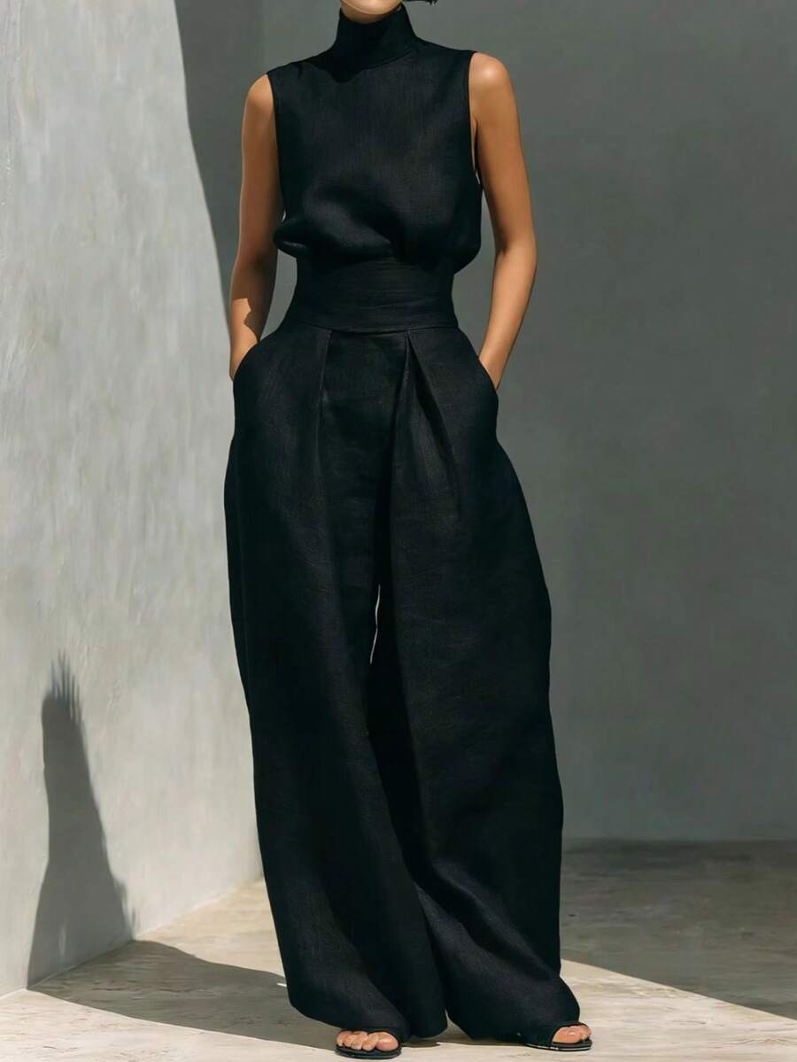 Women's Casual Solid Color Sleeveless Top Pants Set - Black - View 1