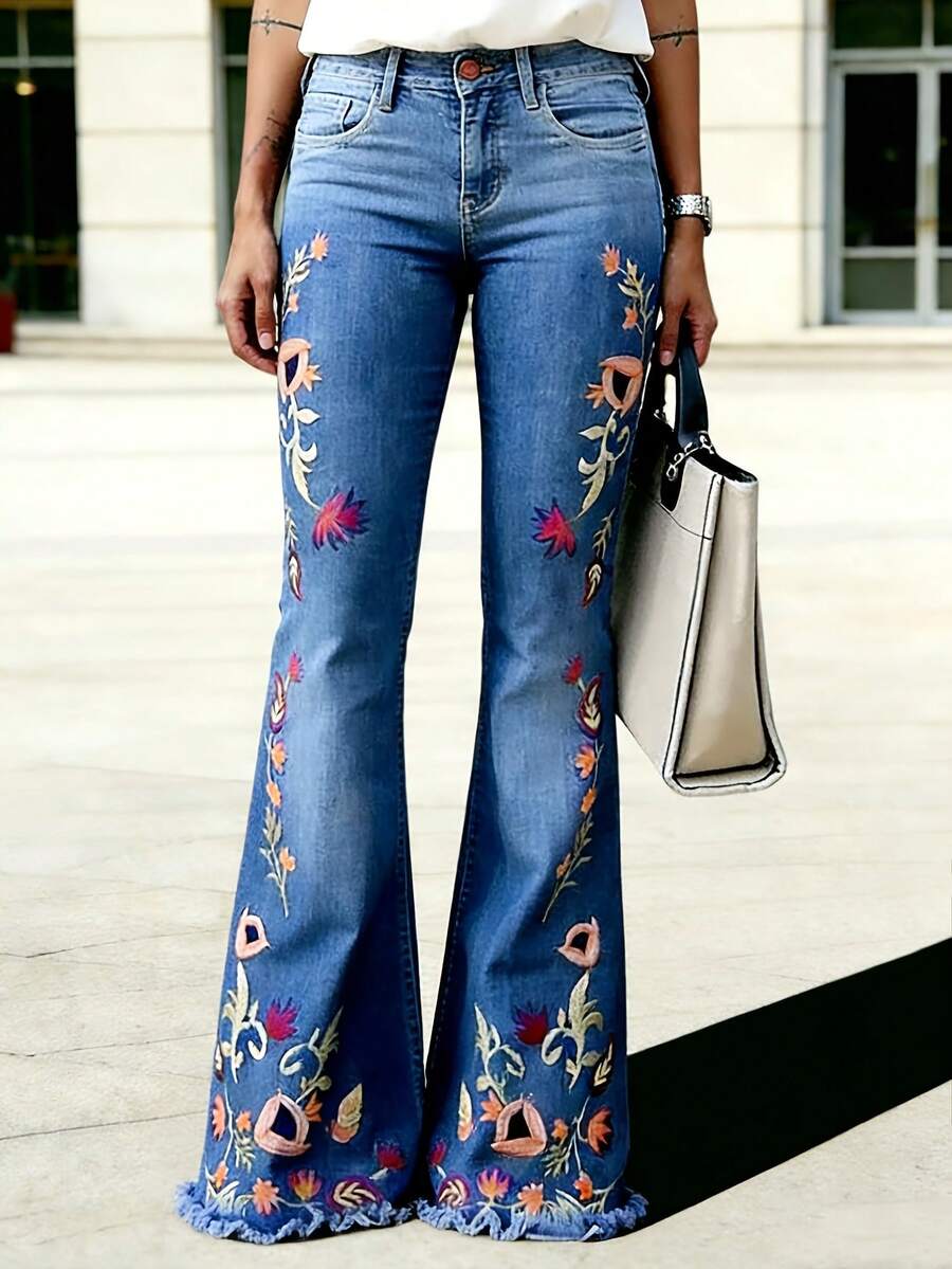 New Women'S Jeans For Everyday Use In 2026, Featuring Casual, Breathable Material, Retro Dark Blue Embroidered Flared Design, And Extended Floor-Length Style - 藍色 - 查看 1