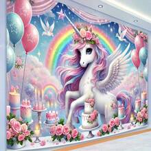 1件独角兽生日快乐涤纶摄影背景旗，派对照片墙挂，室内/室外横幅装饰，影棚道具，节日派对和生日装饰 - 7 - 查看 4