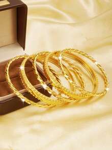 5件套21K镀金手镯套装，阿拉伯时尚组合手镯，镀层防锈，沙特女性婚礼派对首饰，女士礼物 - 金色01 - 查看 4