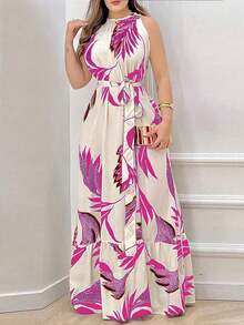 Women's Casual Sleeveless Dress With Botanical Print, Elegant, Summer, Boho Dress With Belt, Gathered Hem, Round Neck Gathered Sleeves, Regular Fit, Long With Tropical Floral Print - 粉色 - 查看 1