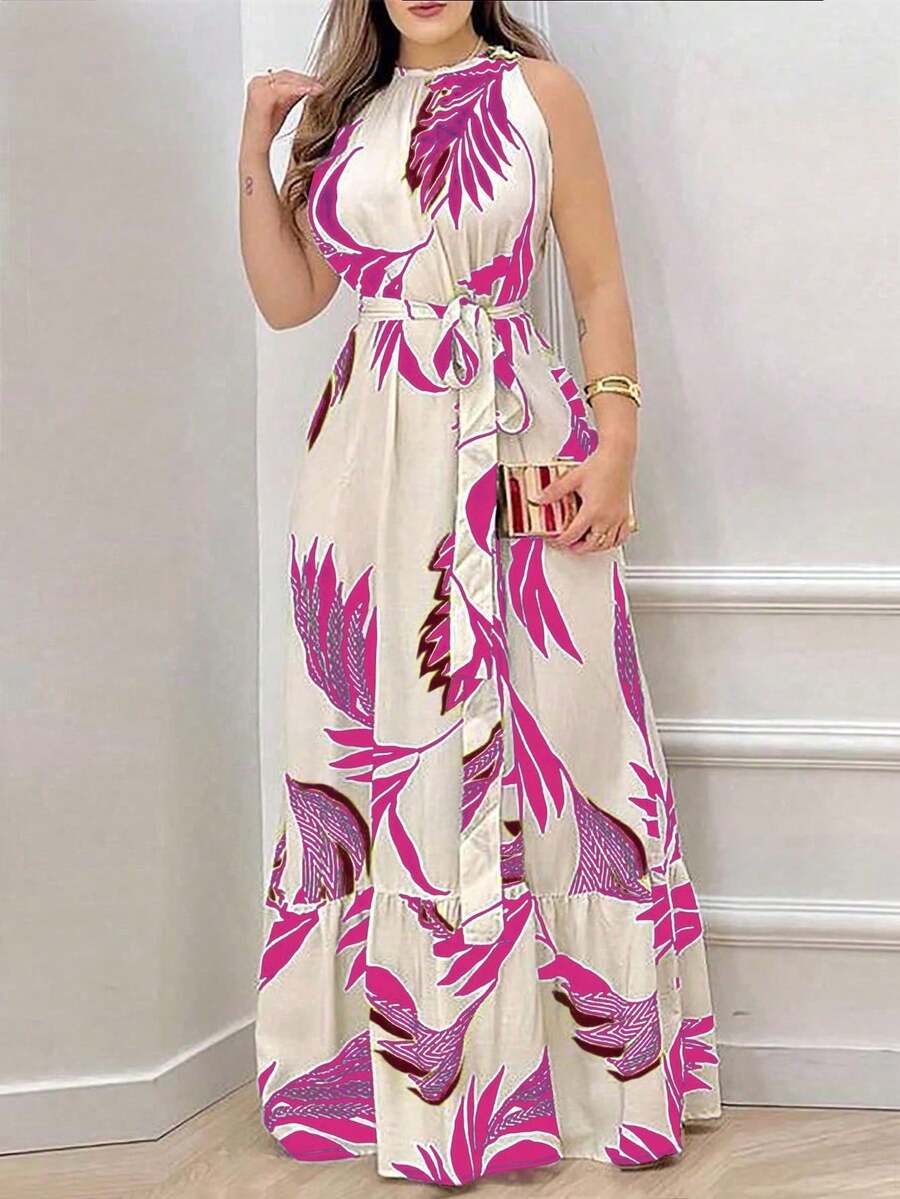 Women's Casual Sleeveless Dress With Botanical Print, Elegant, Summer, Boho Dress With Belt, Gathered Hem, Round Neck Gathered Sleeves, Regular Fit, Long With Tropical Floral Print - 粉色 - 查看 1