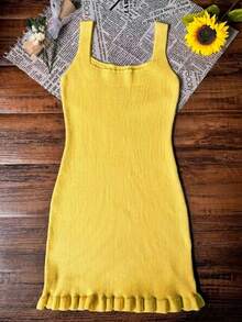 女士夏季方领修身针织连衣裙，荷叶边下摆设计，适合夏季、度假、海滩、街头、日常、工作、办公室派对、郊游、嘉年华、音乐节、情人节、聚会等场合。 - 黃色 - 查看 6