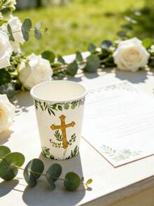 10个/20个/50个装绿色祝福纸杯，一次性使用，饰有金色十字架和桉树叶图案，适用于洗礼、受洗、坚信礼、迎婴派对、婚礼及其他宗教仪式，男女通用 - 多色 - 查看 5