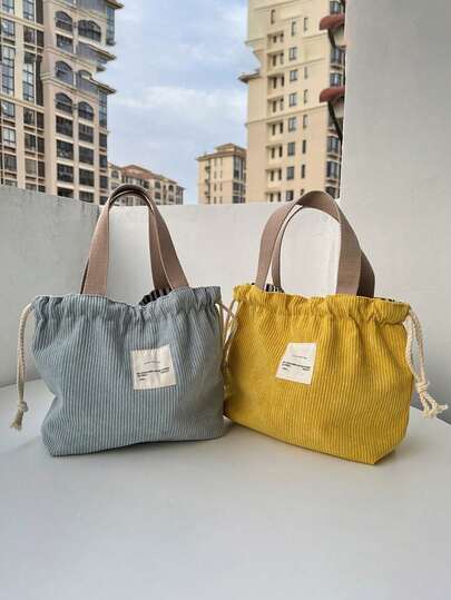 Corduroy Canvas Lunch Bag, Drawstring Picnic Cloth, Small Handbag, Lunch Box, Food Storage Bag