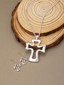 1 Set de joyería con colgante de diseño de cruz hueca minimalista, adecuado para uso diario y como regalo - Conjunto de cruz ahuecada - Ver 4