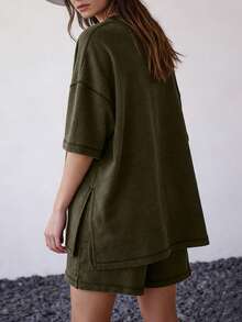 Women's Oversized Summer Casual 2 Piece Tracksuit Set Pullover Top & Shorts - 軍綠色 - 查看 3