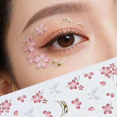 1 miếng dán mặt hình hoa anh đào mộng mơ! Hoa anh đào hồng, bướm, trăng vàng, dùng được cả cho nghệ thuật vẽ móng và trang điểm mắt, dễ dàng tạo nên vẻ ngoài trang điểm mùa xuân ngọt ngào, không khí lễ hội âm nhạc và tiệc tùng, phong cách Y2K, KPOP, mặt lấp lánh, lễ hội hóa trang, miếng dán mặt, miếng dán 3D, đá quý trang trí mặt, miếng dán trang trí.