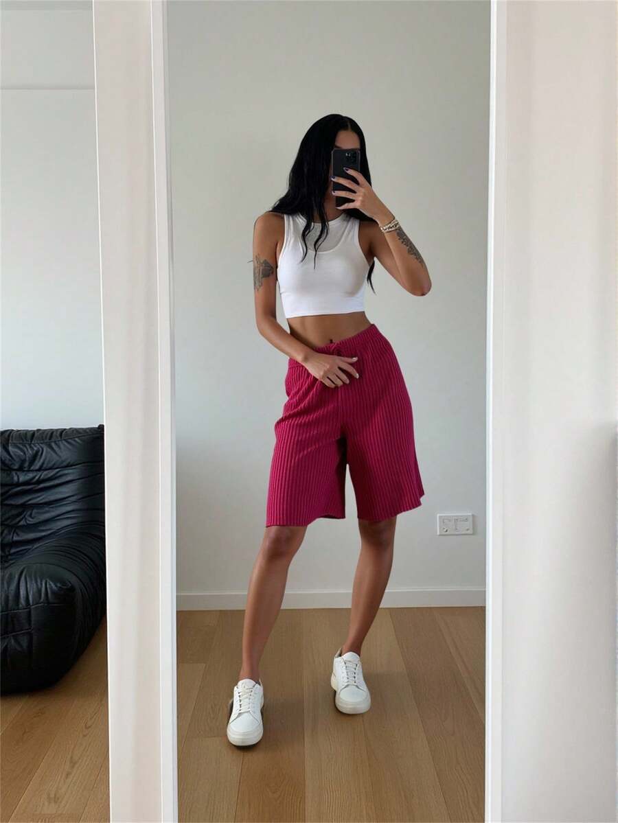 Women's Solid Fake Drawstring Ribbed Knit Sleep Bottom - Burgundy - View 1