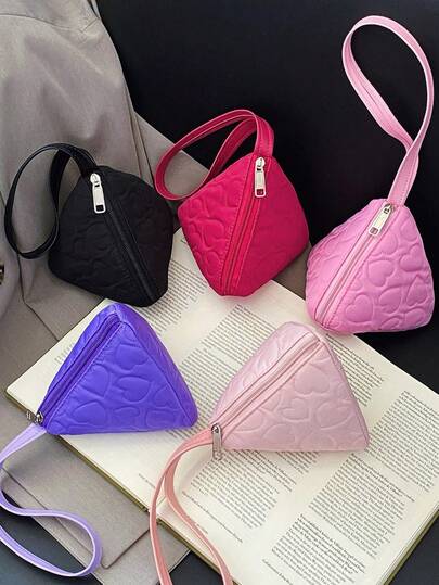 甜美心形包，爱心图案多功能三角包，便携零钱包，轻便女童手提包