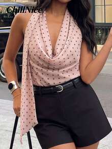 Women Elegant Pink Polka Dot Halter Neck Blouse With Cowl Neck And Backless Design, Sleeveless Chiffon Top For Summer Office Work, Business Casual And Date Night - Pink - View 7