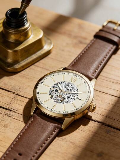 Fossil Đồng hồ nam tự động Flynn, đĩa rỗng, dây da màu đen, nâu, màn hình hiển thị dành cho nam, màn hình hiển thị phút, đa năng, phong cách công sở thường ngày, thích hợp đeo hàng ngày, làm quà tặng, Ngày của Cha, quà kỷ niệm. BQ2270