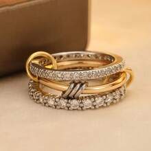1 pieza Anillo apilable de aro de cobre con circonita, estilo casual de moda hip-hop, adecuado para uso diario, fiestas y vacaciones de mujeres - Anillos apilados de tres anillos - Ver 14