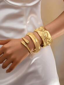 3pcs/Set Minimalist Geometric Hammered Asymmetrical Teardrop Thick Bangle Bracelet Set, Gold Tone, Suitable For Women, Solid Metal & Zinc Alloy Material - Yellow Gold - View 8