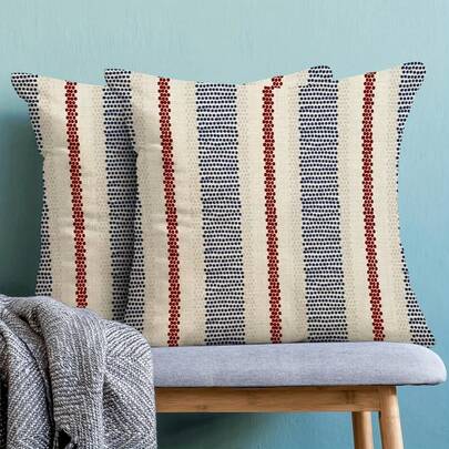 2pcs Blue Red Pillow Covers Gray Grey Dot Print Striped, 4Th Of July Patriotic Decorative Outdoor Pillowcases Boho Rustic Farmhouse Decorative Throw Cushion Case Decor For Couch Sofa Bed