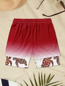 Pantalones cortos de playa casuales con estampado de tortugas y forro para hombre - Rojo - Ver 3