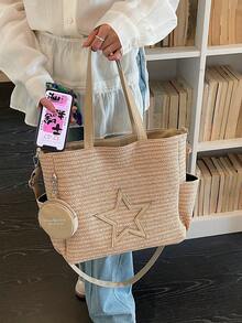 New Casual Khaki Straw Fabric Star Pattern Tote Bag With Coin Purse For Women - Khaki - View 5