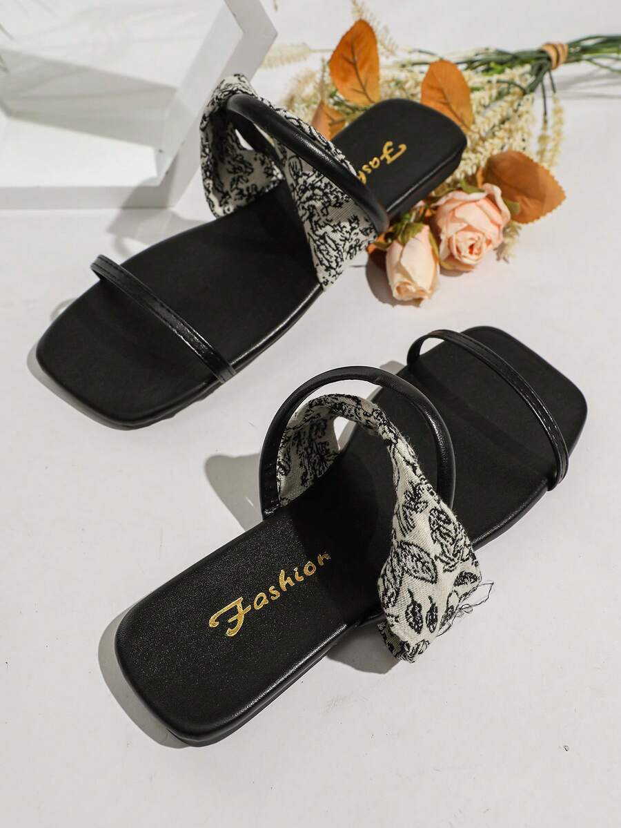 女士凉鞋、印花围巾、沙滩编织面料、多功能配饰拖鞋、夏季 - 黑色 - 查看 1