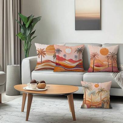 Bộ 4 vỏ gối/vỏ đệm in hình cây cọ sa mạc phong cách Bohemian màu đào, chất liệu nhung, 100% polyester, thích hợp trang trí phòng khách, sofa, phòng ngủ - Phong cách đa dụng, không kèm ruột gối, kích thước 40x40cm/45x45cm/50x50cm