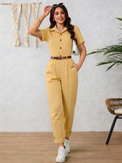 Mono de mujer estilo ropa de trabajo de manga corta con botones y cinturón,informal y elegante,para el verano.