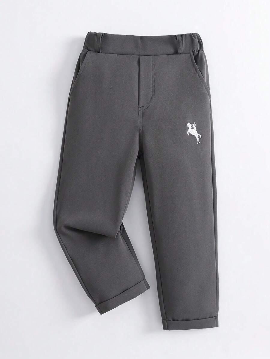 Celana Panjang Kasual Polos Anak Laki-Laki dengan Bordir, Saku Miring, Desain Sabuk, Cocok untuk Pemakaian Sehari-hari, Perjalanan, Pesta, Liburan, Fesyen Serbaguna - Grey - View 1