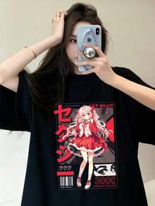 Sexy Anime Print T-Shirt, Streetwear, Oversized, Short-Sleeved, Unisex, Casual, Red And Black Graphic, Retro Poster Style, Perfect For Everyday Wear And Outfits. - Black - View 1