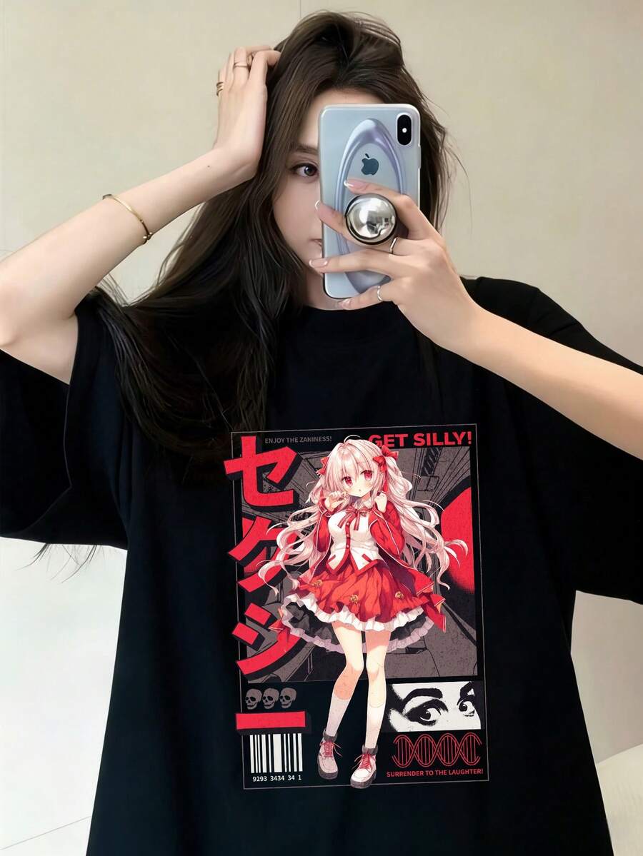 Sexy Anime Print T-Shirt, Streetwear, Oversized, Short-Sleeved, Unisex, Casual, Red And Black Graphic, Retro Poster Style, Perfect For Everyday Wear And Outfits. - Black - View 1