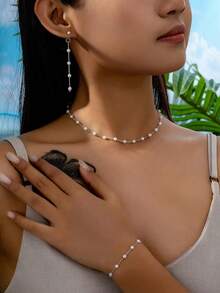 Bộ trang sức cao cấp, thanh lịch kiểu Pháp cổ điển gồm vòng tay, dây chuyền và bông tai vàng, dây chuyền xương đòn duyên dáng, ngọt ngào theo phong cách , phù hợp cho phụ nữ dự tiệc, mặc hàng ngày, lễ hội, quà tặng Ngày của Mẹ, sinh nhật, Ramadan. - Phong cách thanh lịch - Xem 2