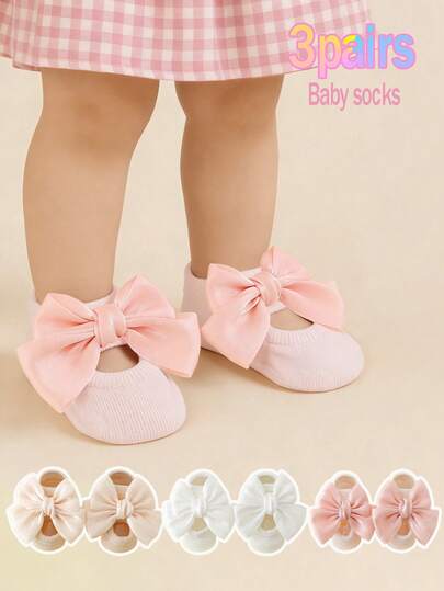 3双装女童甜美可爱蝴蝶结短袜，透气中空棉质踝袜，防滑设计，适合幼儿室内穿着