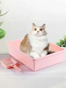 Rectangular Semi-Enclosed Splash-Proof Cat Litter Box With Scoop, Suitable For Cats And Kittens. Self-Cleaning Plastic Cat Litter Box, Compact Litter Box Fits Small Corners. Easy To Clean, Portable, Reusable. Ideal For Everyday Indoor Use. - One Open-top Square Litter Box (with Litter Scoop) - View 8