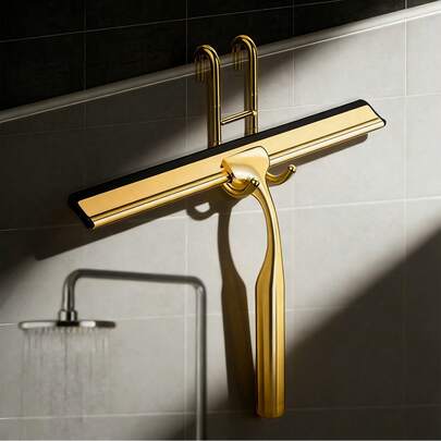 1pc Gold Bathroom Squeegee, Shower Scraper Brush, Mirror Squeegee, Window Scraper, Cleaning Tool, Convenient & Practical With Hook, Bathroom Cleaning Accessory, Essential Cleaning Tool For Autumn/Winter