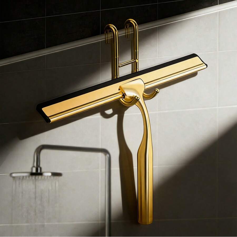 1pc Gold Bathroom Squeegee, Shower Scraper Brush, Mirror Squeegee, Window Scraper, Cleaning Tool, Convenient & Practical With Hook, Bathroom Cleaning Accessory, Essential Cleaning Tool For Autumn/Winter