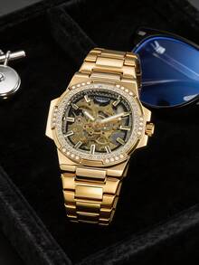 LONGLUX 1pc Men's Waterproof Automatic Hollow Mechanical Watch With Stainless Steel Band And Rhinestone Decoration - Gold - View 4