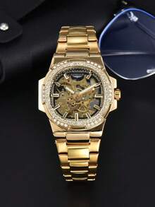 LONGLUX 1pc Men's Waterproof Automatic Hollow Mechanical Watch With Stainless Steel Band And Rhinestone Decoration - Gold - View 7