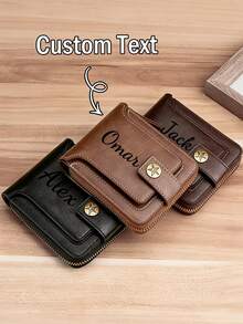 1 pieza Billetera personalizada grabada para hombres, billetera de piel sintética marrón de moda con hebilla, ranuras para tarjetas con cremallera y monedero, accesorio duradero y elegante, regalo ideal para el Día del Padre y ocasiones especiales - Multicolor - Ver 3
