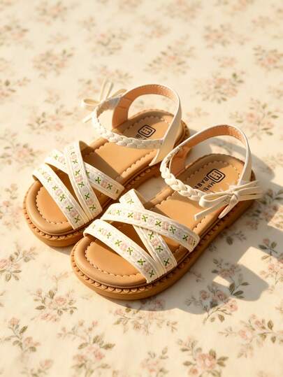 Giày sandal dệt thêu cho bé gái 3-12 tuổi, màu kem be, chất liệu PU và ren, quai chéo họa tiết hoa, chi tiết nơ bện, có thể điều chỉnh, kiểu dáng cottagecore, giày đế bằng mùa hè.