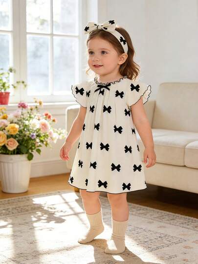 2pcs/Set Cute Sweet Summer Butterfly Print Dress And Bow Headband, Made Of Bubble Pleated Fabric With Ruffle Sleeves And Pleated Collar. This Adorable Dress Suit Is Suitable For Fashionable Casual Indoor And Outdoor Wear