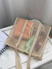 1 Set Of Fashionable Bohemian Style Beach Bag, Solid Color Design, Large Capacity And Portable, Made Of Polyester Fiber Material, Full Mesh Design For Transparency And Breathability, Another Style Features Double Top Handles, Suitable For Travel, Camping And Storage, Ideal Choice For Bohemian Women, Boho, Summer - 卡其色 - 查看 4