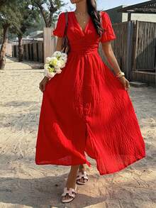 PoPoHouse Women's Solid Color Elegant V-Neck Puff Sleeve Dress, Suitable For Resort Wear, Spring/Summer Red - Red - View 6
