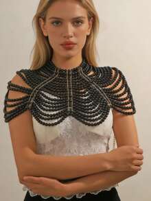 1pc Elegant White Multi-Layer Round Pearl Shoulder Body Chain, Suitable For Formal Dress, Graceful And Charming Accessory - White - View 12