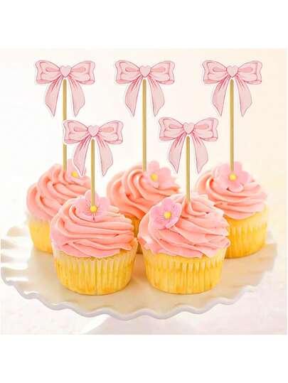 1/5/10/12pcs Pink Bow Paper Cupcake Toppers - Cute Bow Cupcake Decorations And Cake Picks - Photo Props - Suitable For Bachelorette Party, Wedding, Birthday, Baby Shower And Pink Themed Party Decor