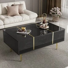 Masă de cafea lucioasă / Masă elegantă de living / Modernă și simplă, cu 2 sertare / Robustă și durabilă, cu mult spațiu de depozitare / Potrivită pentru camere de zi și birouri - Negru - Vizualizare 5