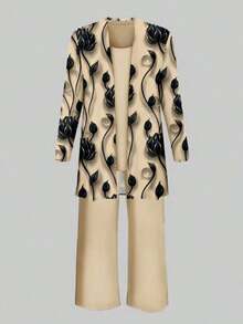 Plus Size Women's Fashionable Printed 3 Pieces Set Spring Elegant - 香檳色 - 查看 3